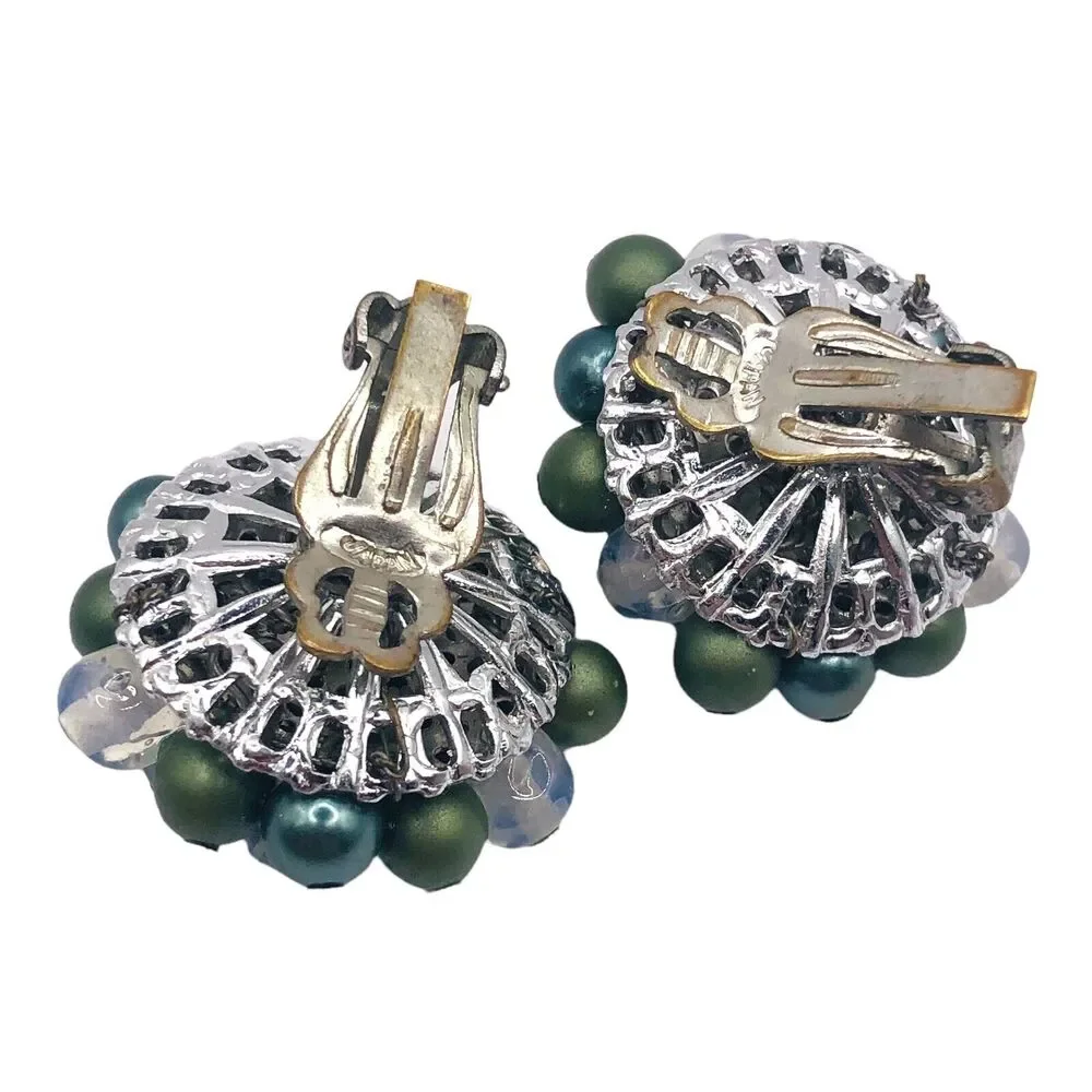 Vintage Japan Green Cluster Beads Silver Tone Clip On Earrings Jelly Belly Matte